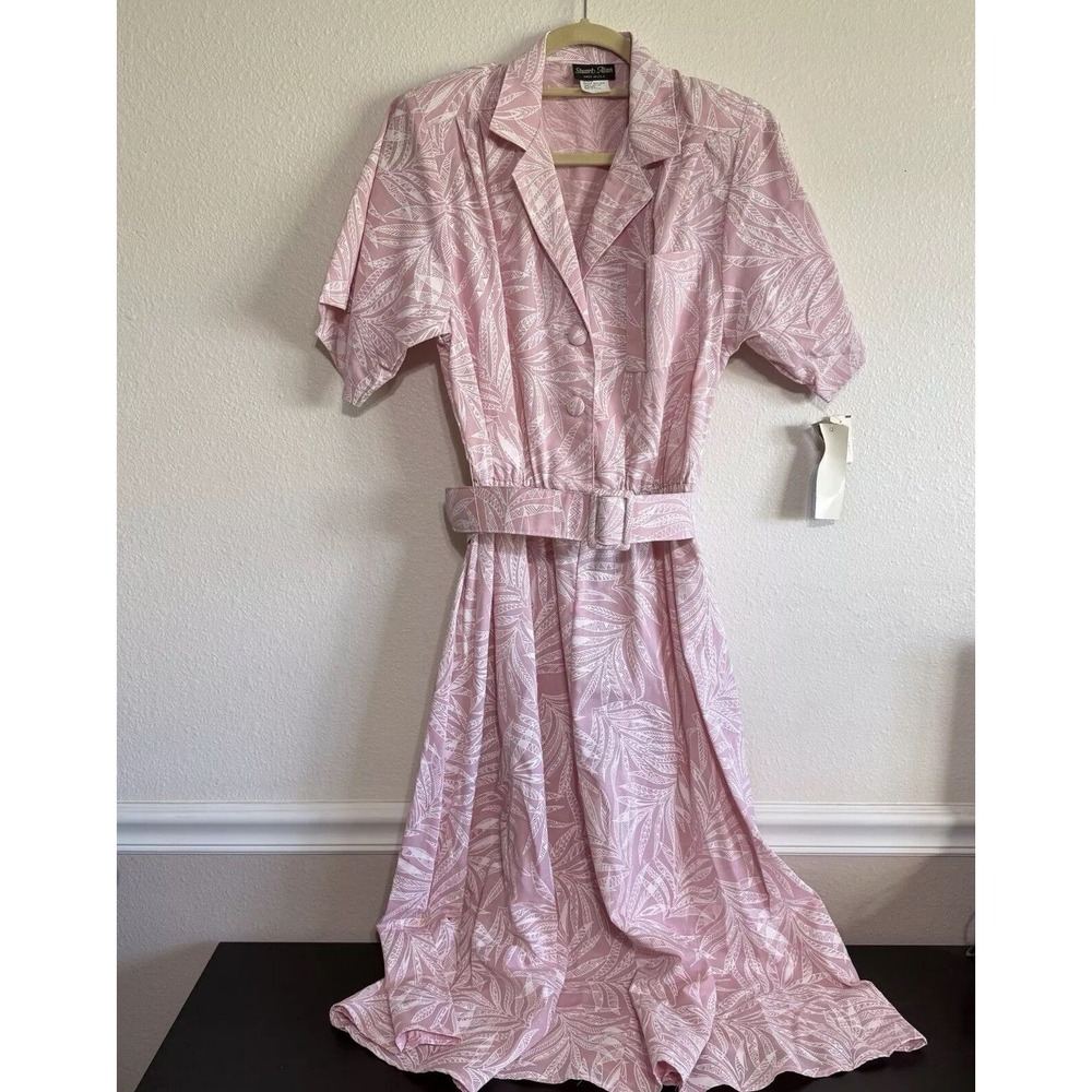 Stuart Alan Vintage Dress Belted Pink Size 14 Floral‎ Leaf USA Tropical NWT